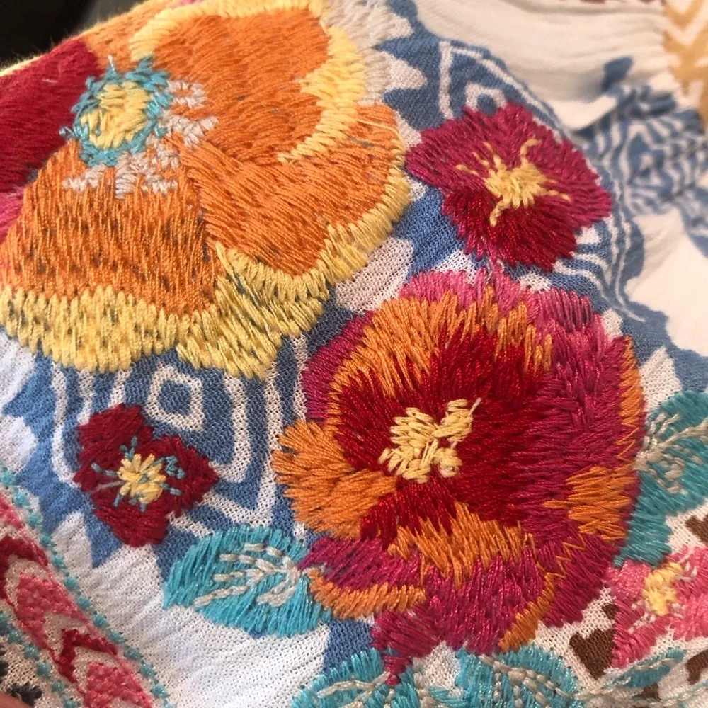Colorful embroidered pullover top  Size S. Bells cuff sleeves. Lightweight boho - Picture 6 of 7